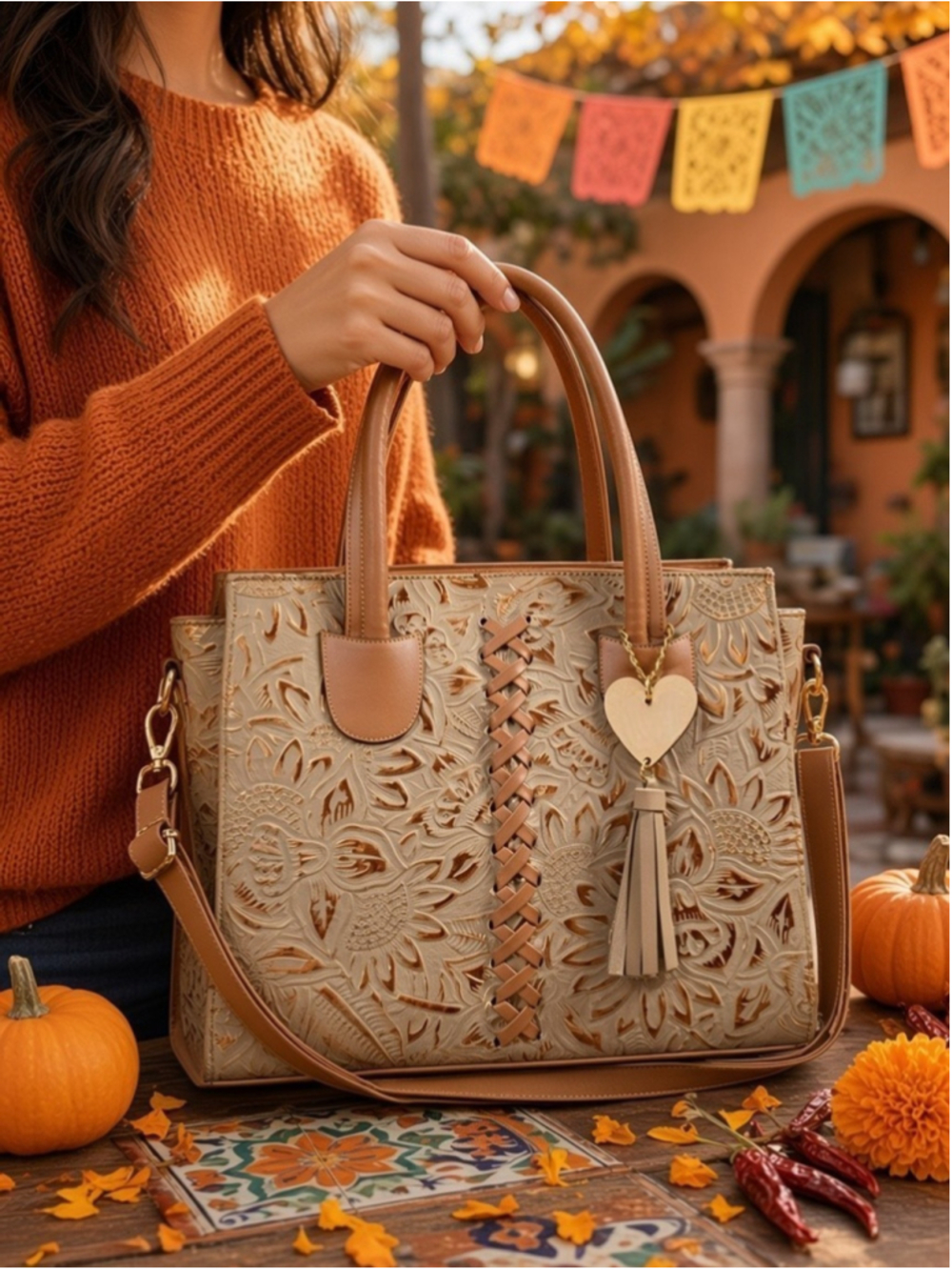 Desert Khaki Beige Gold Cross Stitch Embossed Tooled Artisan LEATHER Purse Bag